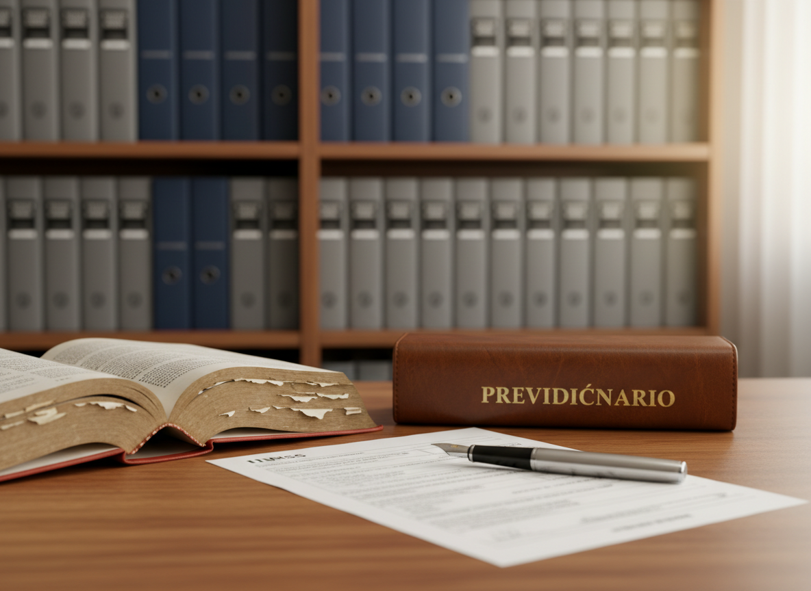 A neatly organized wooden law office desk in warm walnut tones, supporting an open, well‑worn Brazilian social security law code book beside a closed, embossed leather case labeled “Previdenciário”. A sleek silver fountain pen rests diagonally across a printed INSS benefit statement with clear but unreadable details. In the background, a blurred shelf displays neatly arranged legal binders in navy and gray. Soft afternoon light from an unseen window washes across the desk, creating gentle highlights on the book’s pages and subtle shadows under the pen. Photographic realism at eye-level, with a shallow depth of field, conveys professionalism, experience, and calm precision suitable for a previdenciário law website homepage.