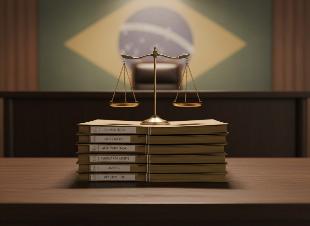 An elegant, minimalist courtroom-style setting focused on a dark wooden judge’s bench where a classic brass scale of justice stands perfectly balanced atop a stack of previdenciário case files tied with a thin twine. The folders are labeled with neutral, non-readable tags suggesting different INSS benefits and appeals. Behind, a softly blurred Brazilian flag motif is rendered in muted tones on a paneled wall. Warm, directional overhead lighting creates subtle reflections on the brass and soft shadows across the bench. Shot from a low, slightly frontal angle in photographic realism, the image feels dignified, trustworthy, and authoritative, ideal for conveying expertise in previdenciário litigation and administrative appeals.