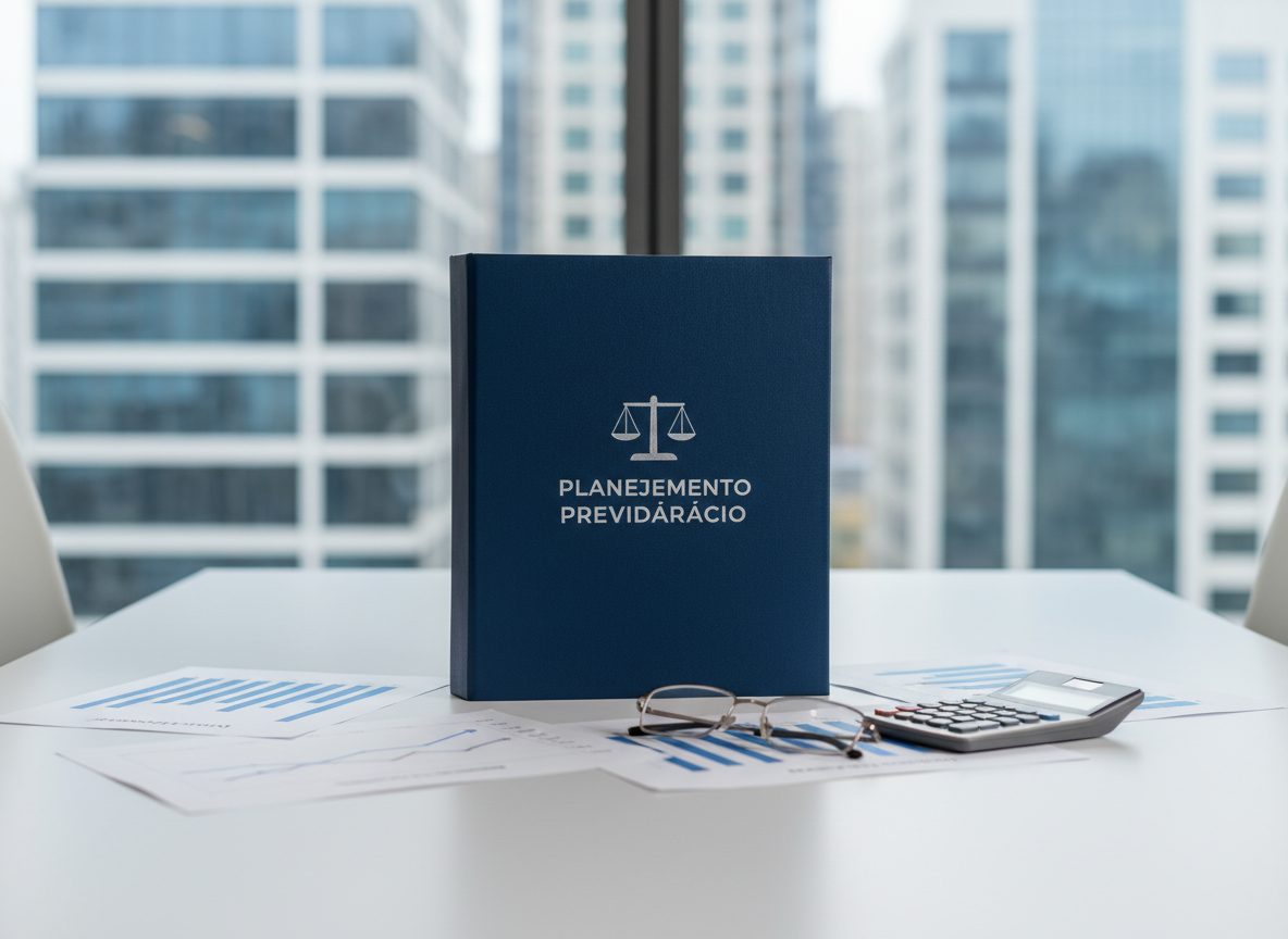 A polished navy-blue folder embossed subtly with a scale of justice icon and the words “Planejamento Previdenciário” in silver, resting on a clean white meeting table. Surrounding the folder are neatly arranged financial charts, a simple gray calculator, and a pair of refined reading glasses carefully folded. Through a large, out-of-focus window in the background, the suggestion of a modern cityscape appears, conveying urban sophistication. Soft, natural daylight enters from the side, casting delicate shadows and a gentle sheen on the folder’s textured surface. Photographic realism, with a balanced, centered composition and moderate depth of field, creates an atmosphere of strategic planning, foresight, and long-term retirement security.