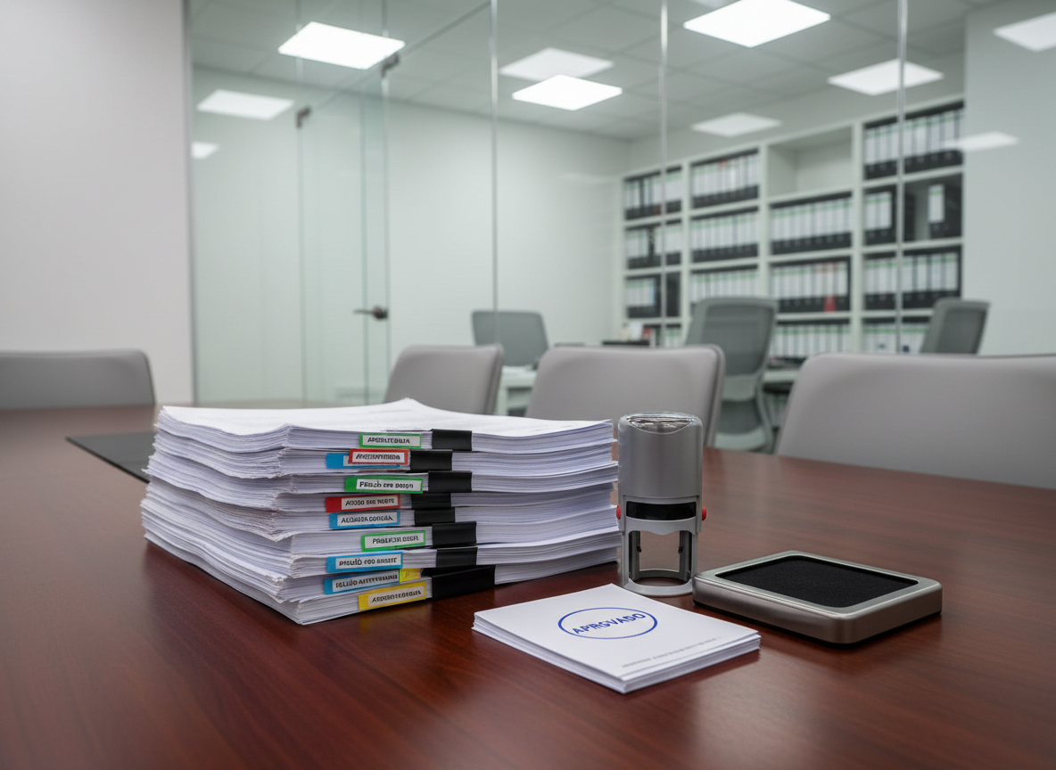A close-up of a carefully stacked set of official-looking INSS-style documents on a smooth, dark wood conference table, each page clipped and tabbed with color-coded markers indicating different previdenciário benefits. Beside the stack lies a modern, metallic stamp pad and a tidy pile of stamped approval marks on a separate sheet. In the softly blurred background, a glass wall reveals a minimalist law office with neutral colors and orderly shelves. Cool, diffused daylight from overhead panels creates even, shadow-free illumination, emphasizing clarity and organization. Captured from a slightly elevated angle with crisp photographic realism, the mood is methodical, reliable, and highly professional, evoking security and certainty in social security procedures.